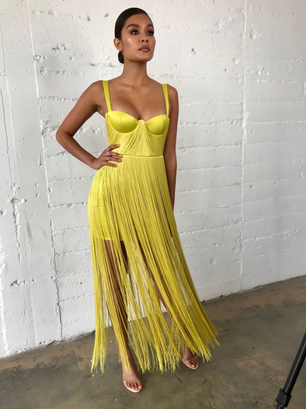 HOUSE OF CB 'Emee' Acid Yellow Satin Fringe Dress